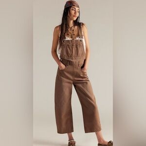 Free People Deep Trance Overalls Brown Sugar Wide Leg Utility Denim Size S